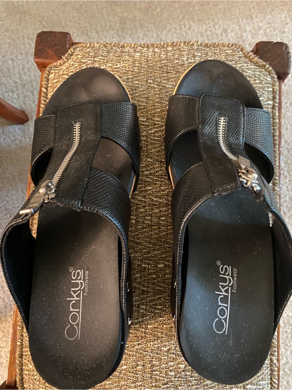 Corkys Black Wedge Sandals with Front Zipper